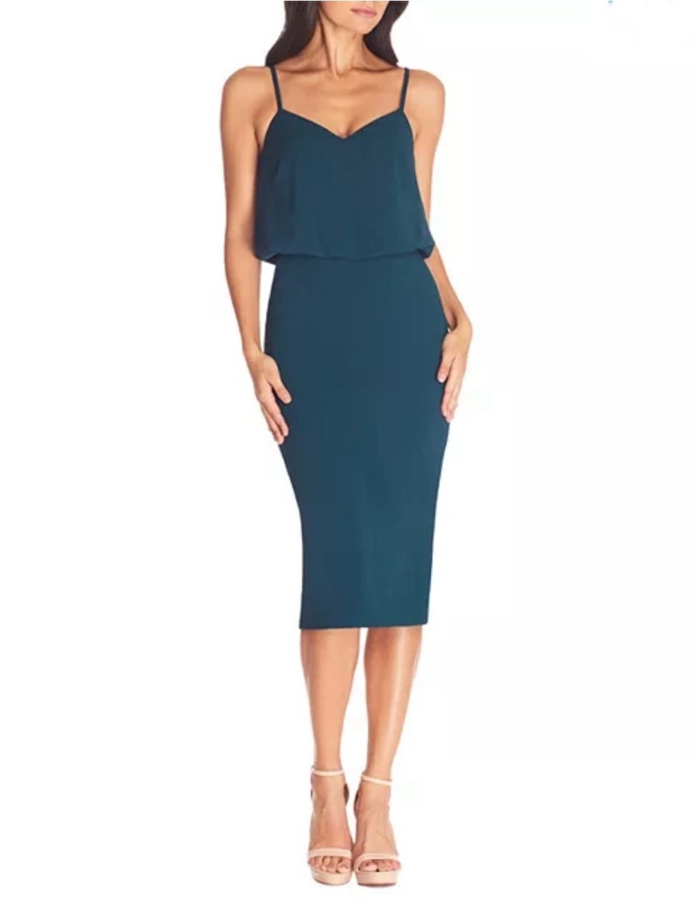 Dress The Population Pine Green Alondra Blouson Sheath Midi Dress Size Small